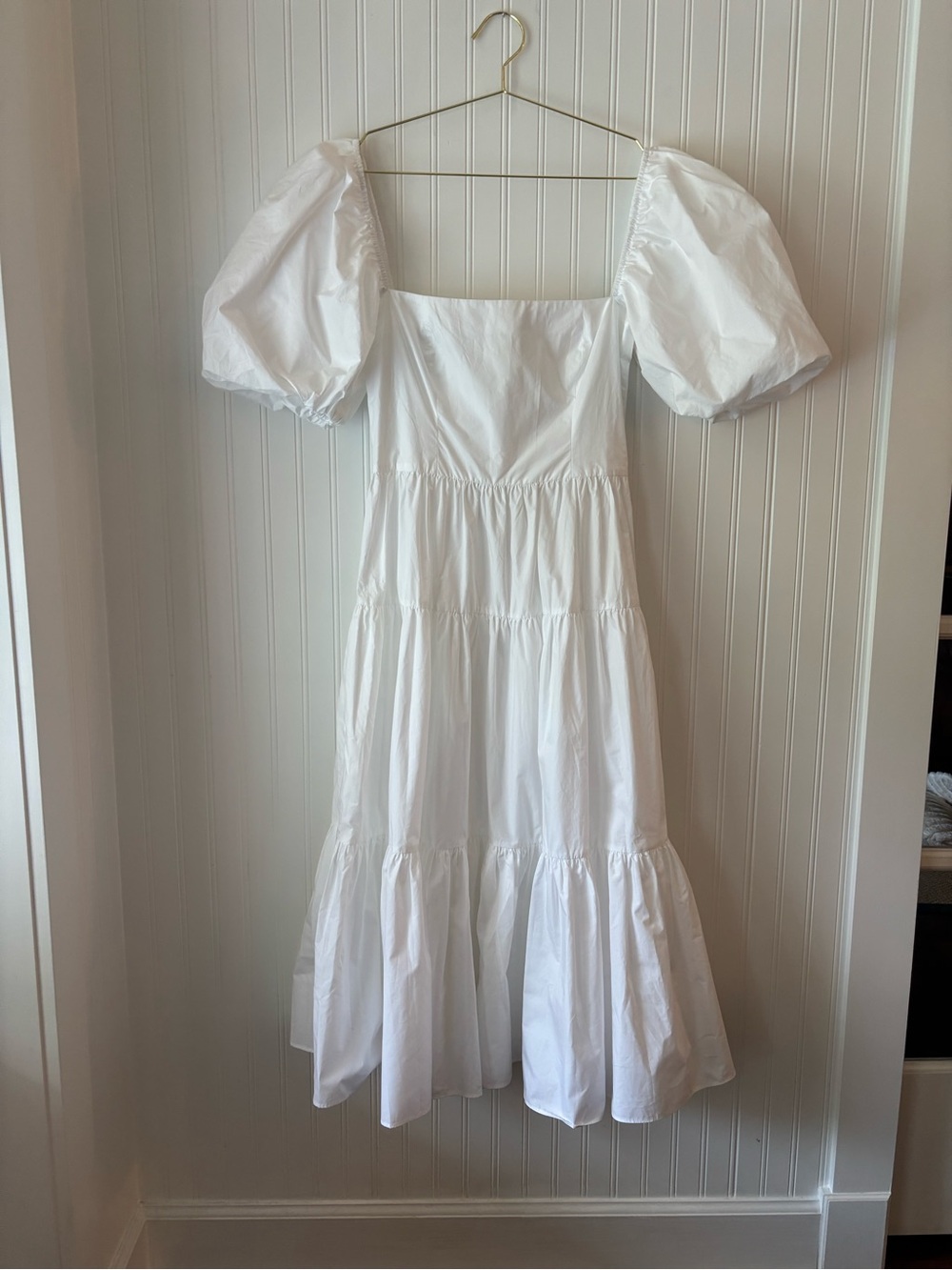 CARA CARA Square Neck Puff Sleeve White Tiered Midi Dress